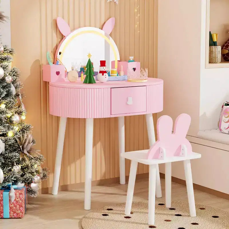 JOYMOR Toeletta per bambini con touchscreen e luci, specchio regolabile a 3 colori, set da toeletta con tavolo e sedia, cassetto (rosa)