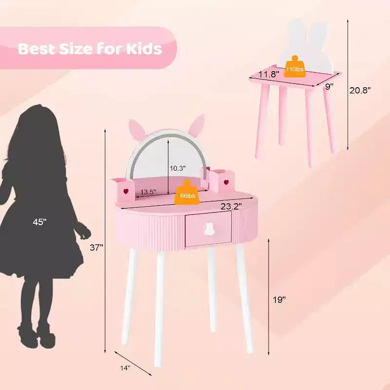 JOYMOR Toeletta per bambini con touchscreen e luci, specchio regolabile a 3 colori, set da toeletta con tavolo e sedia, cassetto (rosa)