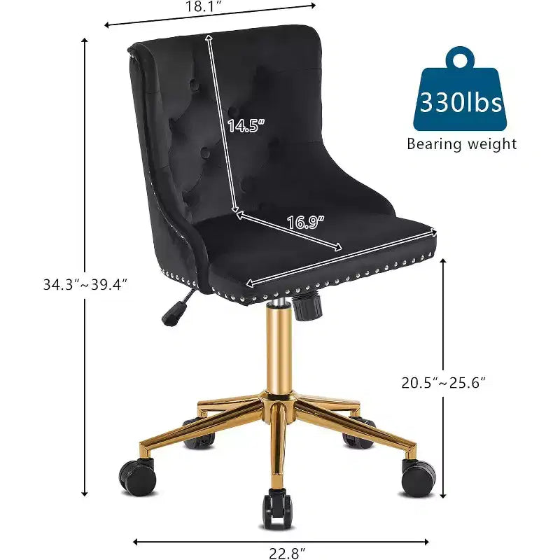 VINGLI Sedia da Ufficio Girevole Senza Braccioli in Velluto Nero con Base/Ruote Dorate, Piccola Sedia Carina per Toeletta/Trucco, Imbottita e Regolabile
