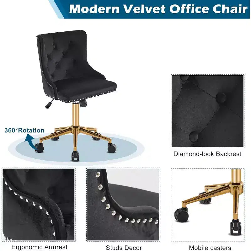 VINGLI Sedia da Ufficio Girevole Senza Braccioli in Velluto Nero con Base/Ruote Dorate, Piccola Sedia Carina per Toeletta/Trucco, Imbottita e Regolabile