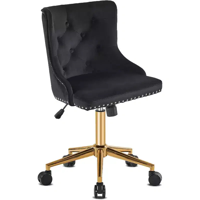 VINGLI Sedia da Ufficio Girevole Senza Braccioli in Velluto Nero con Base/Ruote Dorate, Piccola Sedia Carina per Toeletta/Trucco, Imbottita e Regolabile