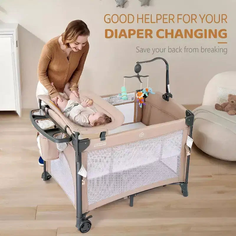 JOYMOR Culla 5 in 1 con Fasciatoio, Lettino da Affiancare al Letto Portatile con Materasso e Lenzuola, Borsa da Trasporto