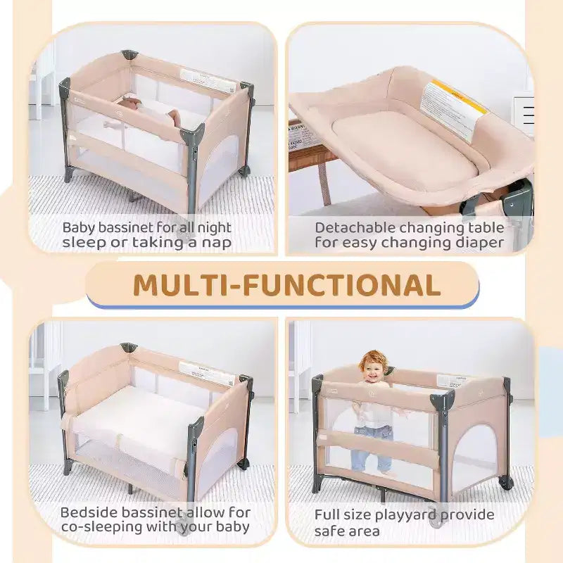 JOYMOR Culla 5 in 1 con Fasciatoio, Lettino da Affiancare al Letto Portatile con Materasso e Lenzuola, Borsa da Trasporto