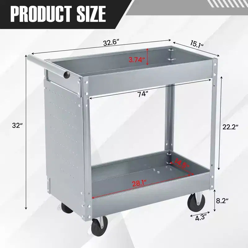 Carrello multiuso in metallo a 2 ripiani, acciaio resistente, 150 kg, organizzatore attrezzi su ruote con blocco per garage, officina, magazzino, nero