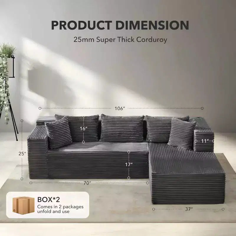 COZONY 106 Divano Sezionale Modulare Cloud con Seduta Profonda, Morbido Tessuto a Coste, Chaise Longue Sinistra, Design Senza Struttura Rigida
