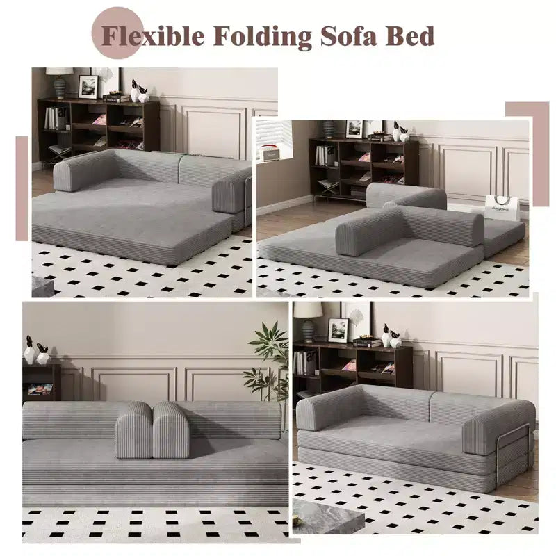 Divano Letto Convertibile in Velluto a Coste, Materasso Pieghevole con Struttura a Forma Fissa, Futon King Size a 3 Posti, Divano da Terra Senza Montaggio