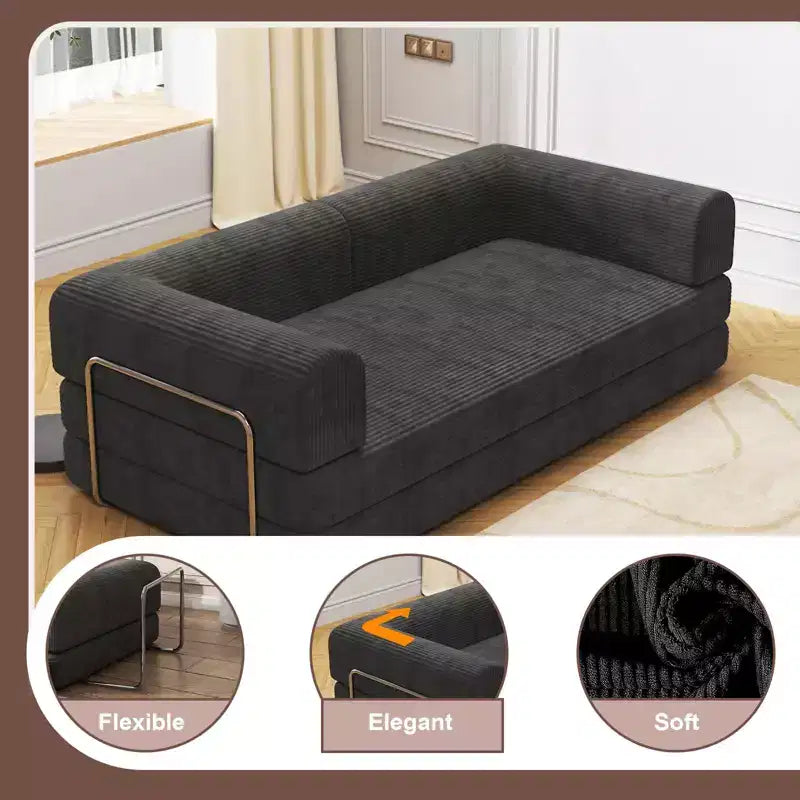 Divano Letto Convertibile in Velluto a Coste, Materasso Pieghevole con Struttura a Forma Fissa, Futon King Size a 3 Posti, Divano da Terra Senza Montaggio