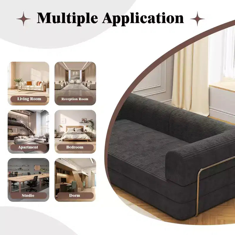 Divano Letto Convertibile in Velluto a Coste, Materasso Pieghevole con Struttura a Forma Fissa, Futon King Size a 3 Posti, Divano da Terra Senza Montaggio
