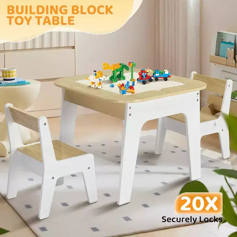JOYMOR Tavolo e sedie per bambini 4-in-1, con piano da costruzione, lavagna e lavagna magnetica, in legno con contenitore, naturale