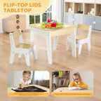 JOYMOR Tavolo e sedie per bambini 4-in-1, con piano da costruzione, lavagna e lavagna magnetica, in legno con contenitore, naturale