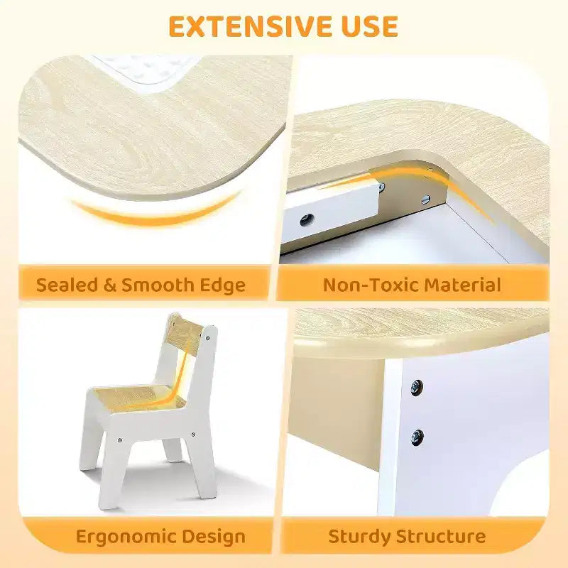 JOYMOR Tavolo e sedie per bambini 4-in-1, con piano da costruzione, lavagna e lavagna magnetica, in legno con contenitore, naturale