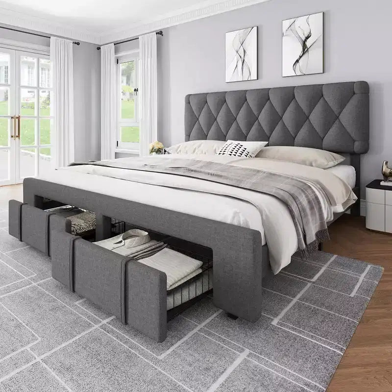 Bed Frame with 2 Drawers, Upholstered Platform Bed with Storage, No Box Spring Needed