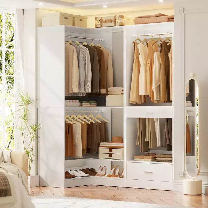Besiost Sistema per armadio angolare autoportante con 2 aste appendiabiti e scarpiera