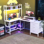 Scrivania ad angolo Besiost con libreria superiore, prese di corrente, luci a LED e cassetti portaoggetti
