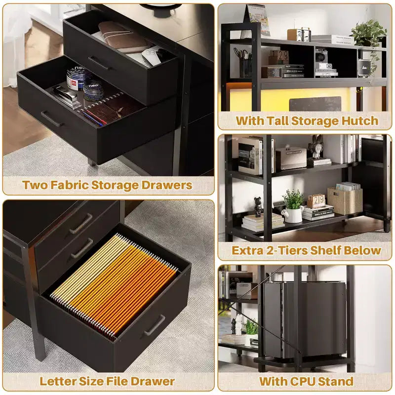 Scrivania ad angolo Besiost con libreria superiore, prese di corrente, luci a LED e cassetti portaoggetti