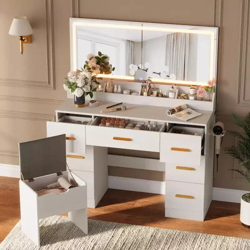 Toeletta con grande specchio e luci, scrivania da trucco da 45,9 pollici, luminosità regolabile, presa di corrente, 8 cassetti, per bagno di servizio e camera da letto