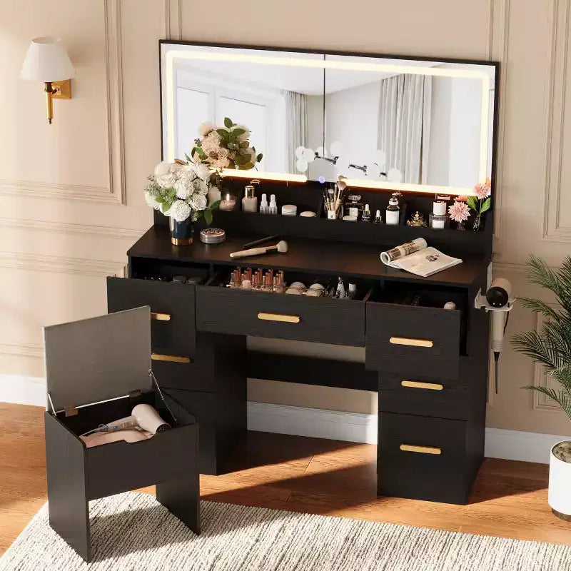 Toeletta con grande specchio e luci, scrivania da trucco da 45,9 pollici, luminosità regolabile, presa di corrente, 8 cassetti, per bagno di servizio e camera da letto