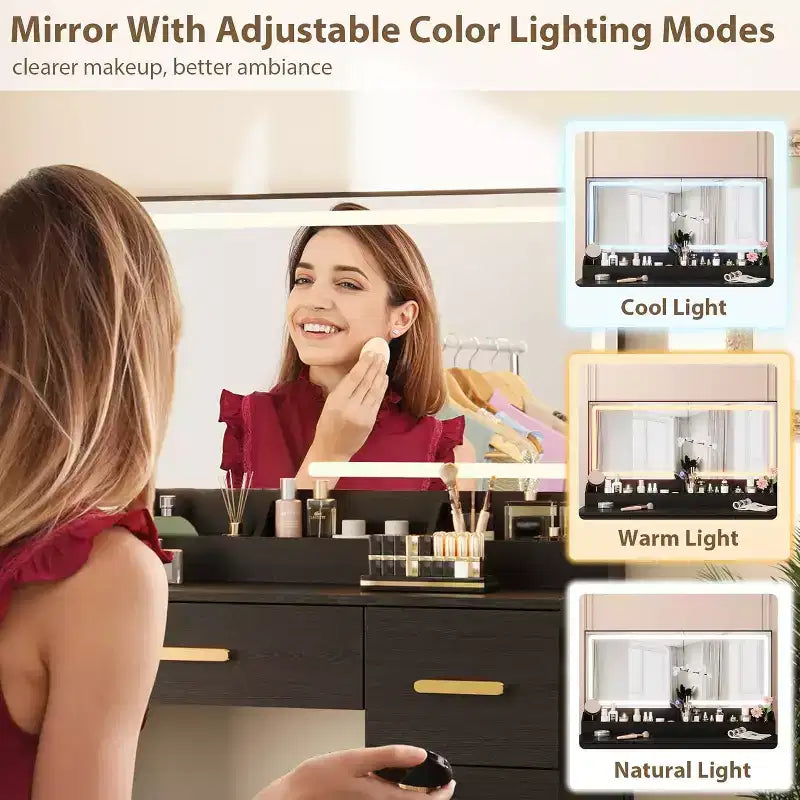 Toeletta con grande specchio e luci, scrivania da trucco da 45,9 pollici, luminosità regolabile, presa di corrente, 8 cassetti, per bagno di servizio e camera da letto