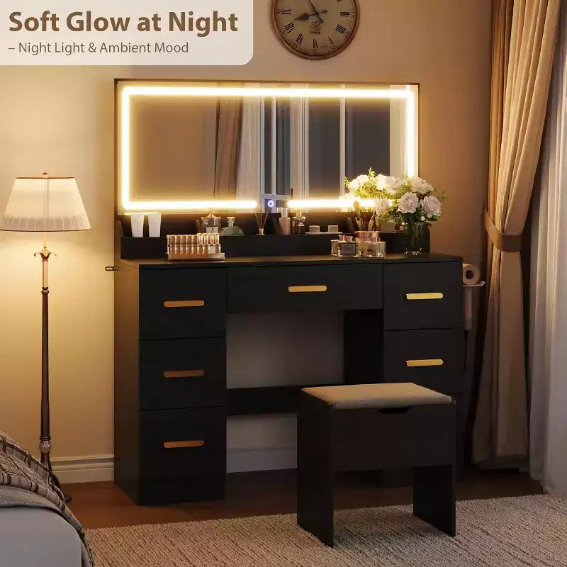Toeletta con grande specchio e luci, scrivania da trucco da 45,9 pollici, luminosità regolabile, presa di corrente, 8 cassetti, per bagno di servizio e camera da letto
