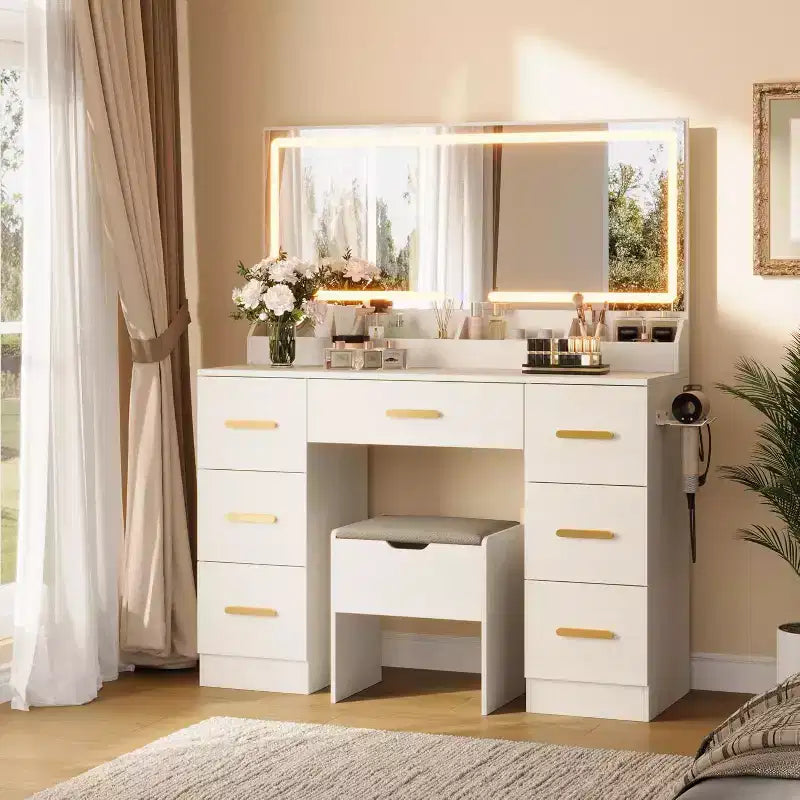 Toeletta con grande specchio e luci, scrivania da trucco da 45,9 pollici, luminosità regolabile, presa di corrente, 8 cassetti, per bagno di servizio e camera da letto