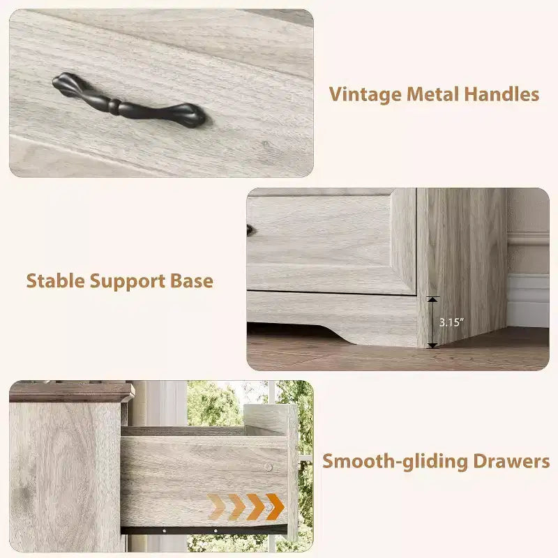 Cassettiera Farmhouse a 5 cassetti, Comò alto moderno con venatura del legno naturale e ampie maniglie in metallo, per camera da letto, soggiorno