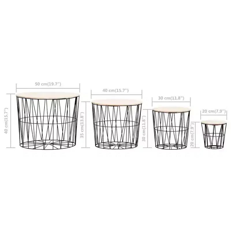 vidaXL - Set 4 Tavolini da Caffè Stile Vintage, Struttura in Metallo Nero con Piano in Legno Massello, Tavolini Nestabili Salvaspazio, Convertibili in Cestini Contenitori