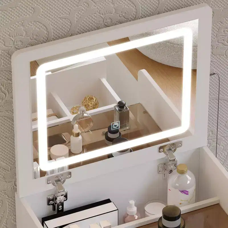 Toeletta Bianca Famapy con Specchio Illuminato a LED, Cassetti e Sgabello Mobile, 3 Modalità di Luce, Comodino/Toeletta per Bambini, Scrivania, Regalo di Natale