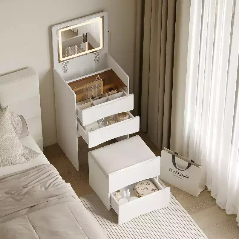 Toeletta Bianca Famapy con Specchio Illuminato a LED, Cassetti e Sgabello Mobile, 3 Modalità di Luce, Comodino/Toeletta per Bambini, Scrivania, Regalo di Natale