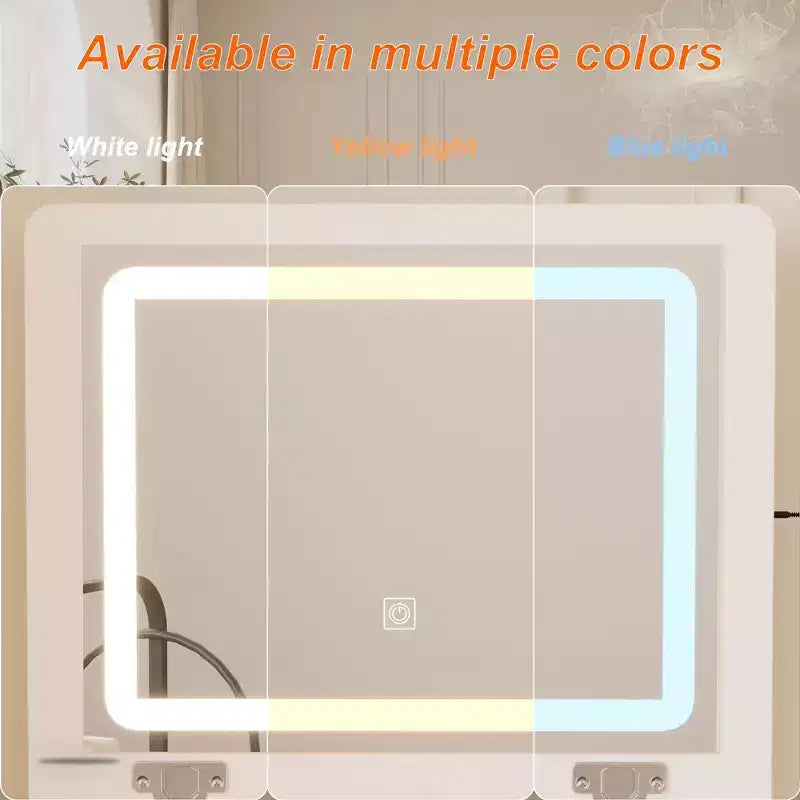Toeletta Bianca Famapy con Specchio Illuminato a LED, Cassetti e Sgabello Mobile, 3 Modalità di Luce, Comodino/Toeletta per Bambini, Scrivania, Regalo di Natale
