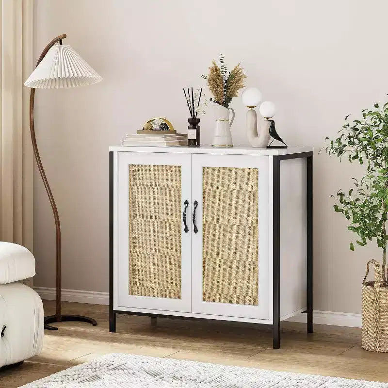 Acekool Mobile Contenitore in Rattan con Ante e Ripiani, Madia Credenza per Ingresso, Soggiorno, Ufficio, Organizzatore Moderno Boho