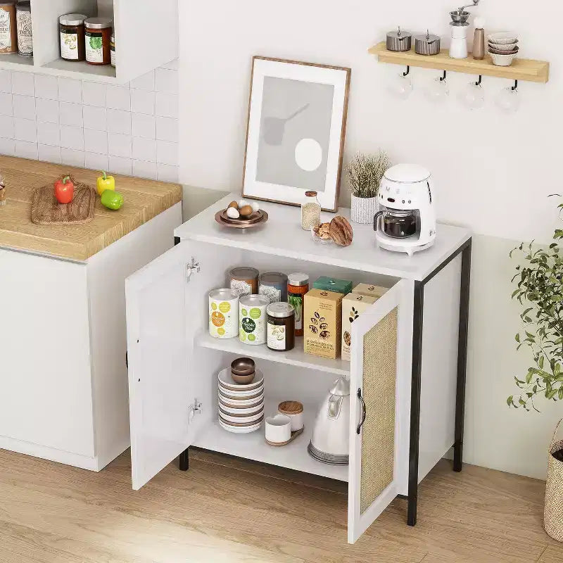 Acekool Mobile Contenitore in Rattan con Ante e Ripiani, Madia Credenza per Ingresso, Soggiorno, Ufficio, Organizzatore Moderno Boho