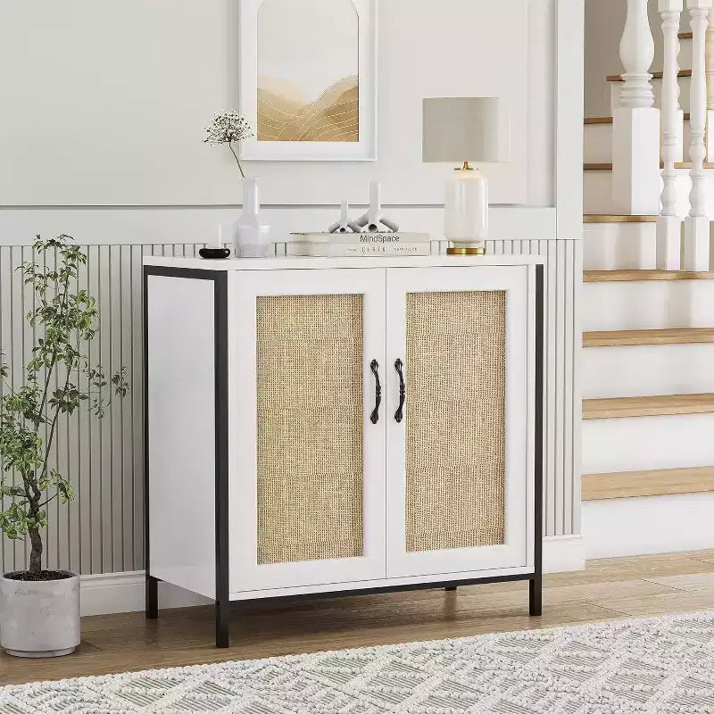 Acekool Mobile Contenitore in Rattan con Ante e Ripiani, Madia Credenza per Ingresso, Soggiorno, Ufficio, Organizzatore Moderno Boho