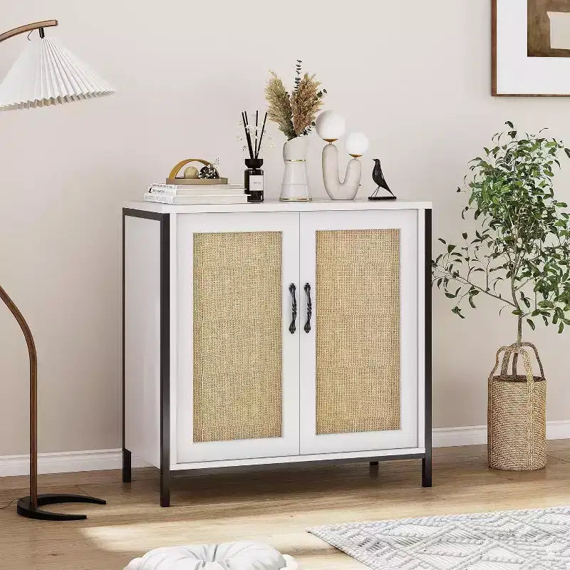 Acekool Mobile Contenitore in Rattan con Ante e Ripiani, Madia Credenza per Ingresso, Soggiorno, Ufficio, Organizzatore Moderno Boho