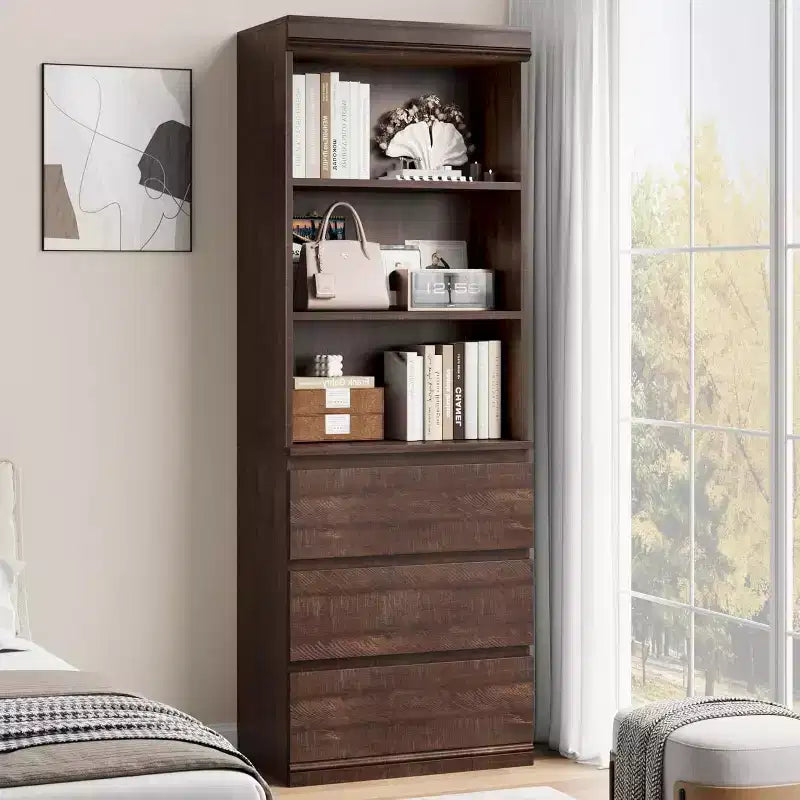 COZONY 70 Tall Bookcase with Drawers, Deep Wooden Bookshelf Storage Cabinet Organizer, Farmhouse Style, Home Office/Living Room, Brown