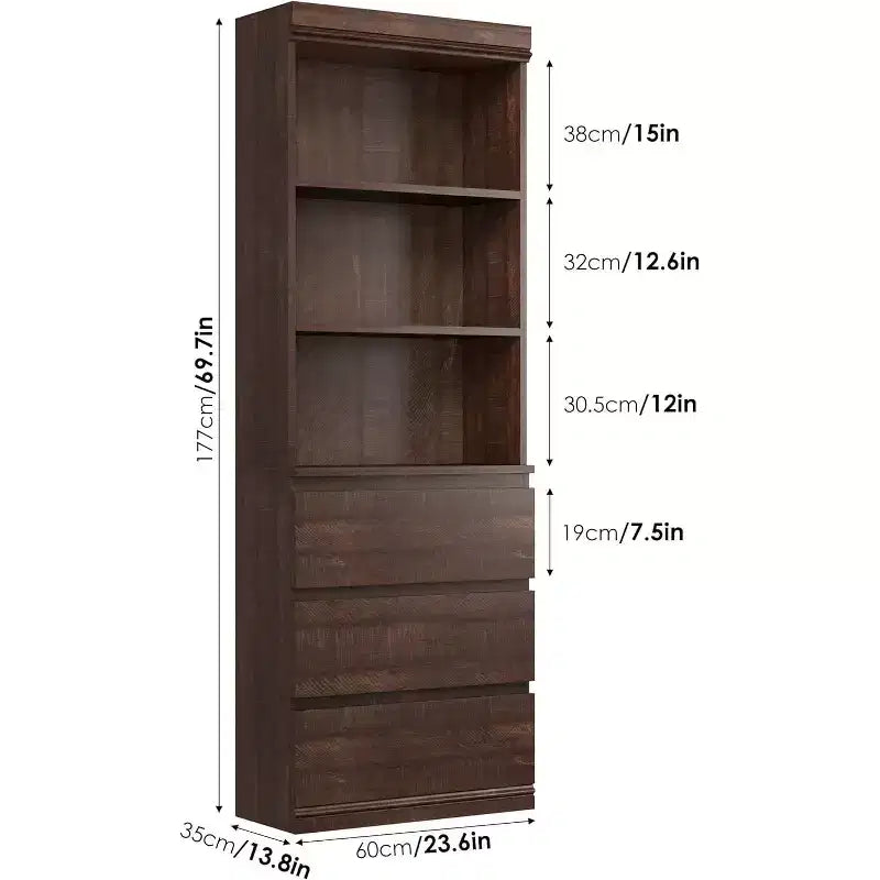 COZONY Libreria Alta 70 cm con Cassetti, Scaffale Profondo in Legno, Armadietto Contenitore Organizzatore, Stile Rustico, per Ufficio/Soggiorno, Marrone