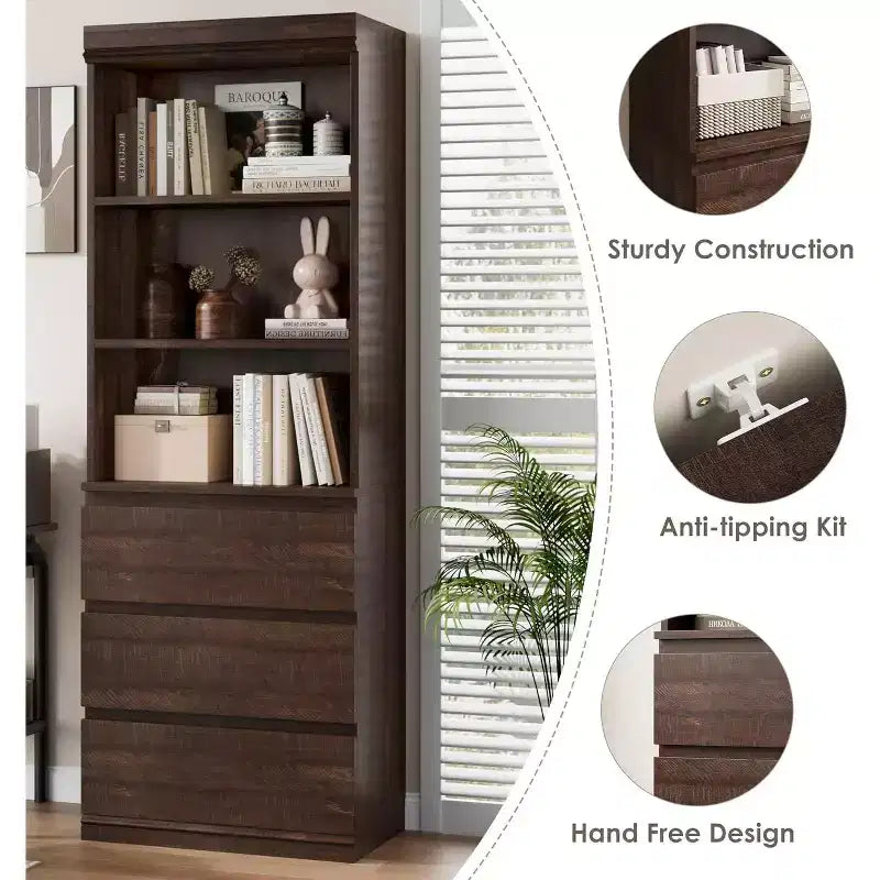 COZONY Libreria Alta 70 cm con Cassetti, Scaffale Profondo in Legno, Armadietto Contenitore Organizzatore, Stile Rustico, per Ufficio/Soggiorno, Marrone