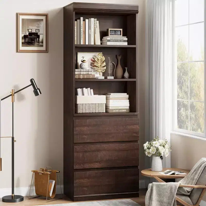 COZONY Libreria Alta 70 cm con Cassetti, Scaffale Profondo in Legno, Armadietto Contenitore Organizzatore, Stile Rustico, per Ufficio/Soggiorno, Marrone
