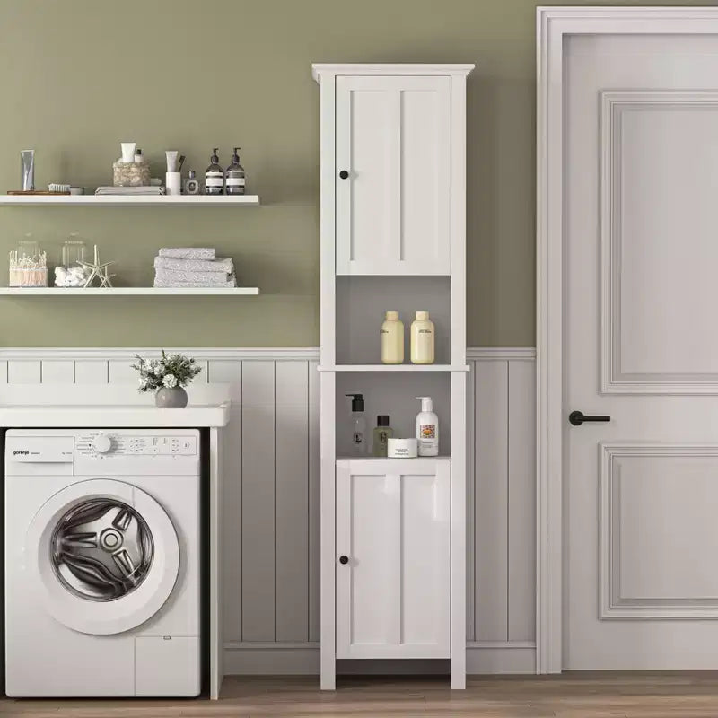 MAYEERTY Bathroom Floor Storage Cabinet with 2 Doors & 6 Shelves, Multifunctional Wooden Cabinet for Living Room Bathroom