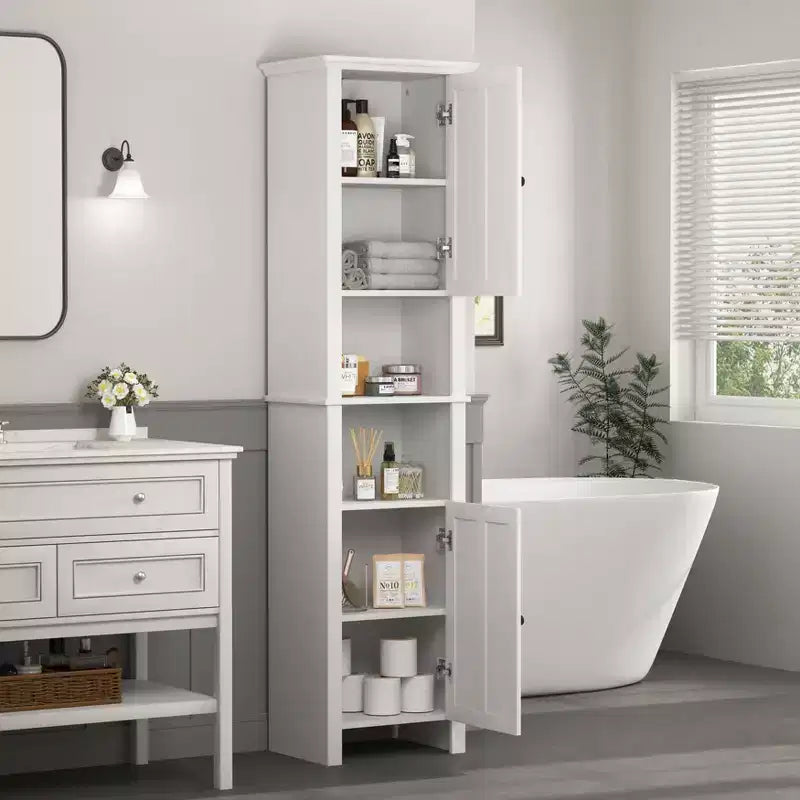 Mobiletto multiuso MAYEERTY da bagno a terra con 2 ante e 6 ripiani, mobile in legno per soggiorno o bagno
