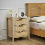 Comodino in Rattan, Comodino Boho con 3 Cassetti in Rattan Naturale, Tavolino da Notte con Robuste Gambe in Legno, Tavolino Moderno con Cassetti Contenitori