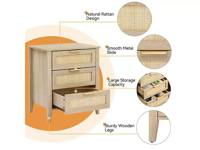Comodino in Rattan, Comodino Boho con 3 Cassetti in Rattan Naturale, Tavolino da Notte con Robuste Gambe in Legno, Tavolino Moderno con Cassetti Contenitori