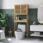 MAYEERTY Bamboo Over the Toilet Storage Cabinet, Over Toilet Bathroom Organizer with Slatted Doors Adjustable Shelf & Open Shelf