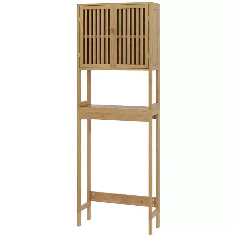 MAYEERTY Mobiletto da Bagno sopra il WC in Bambù, Organizer da Bagno sopra il WC con Ante a Persiana, Ripiano Regolabile e Ripiano Aperto