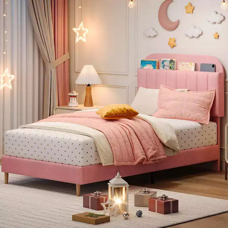 Struttura letto imbottita in velluto con testiera a libreria, letto con gambe di supporto in acciaio, silenzioso, facile da montare, base per materasso