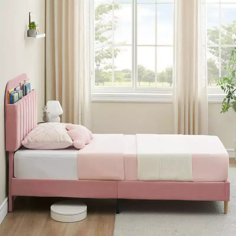 Struttura letto imbottita in velluto con testiera a libreria, letto con gambe di supporto in acciaio, silenzioso, facile da montare, base per materasso