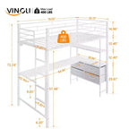 VINGLI Letto a soppalco singolo con sponda di protezione da 15 pollici/scrivania/pioli piatti/LED/2 stazioni di ricarica/mensole portaoggetti/cassettiera, doghe di supporto in metallo resistente, bianco