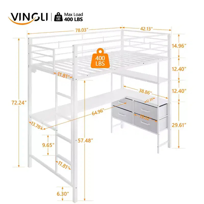 VINGLI Letto a soppalco singolo con sponda di protezione da 15 pollici/scrivania/pioli piatti/LED/2 stazioni di ricarica/mensole portaoggetti/cassettiera, doghe di supporto in metallo resistente, bianco