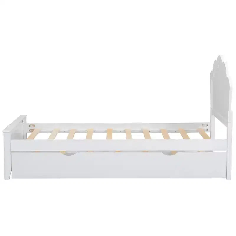 Struttura letto con letto estraibile, letto a piattaforma in legno con testiera, struttura letto estraibile in legno per camera da letto, bianco