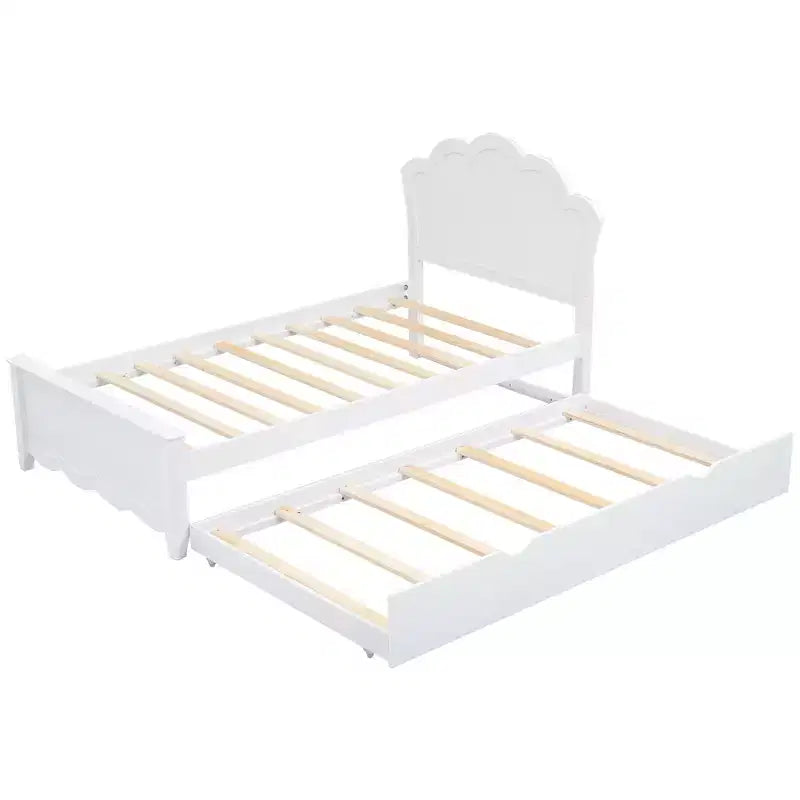 Struttura letto con letto estraibile, letto a piattaforma in legno con testiera, struttura letto estraibile in legno per camera da letto, bianco