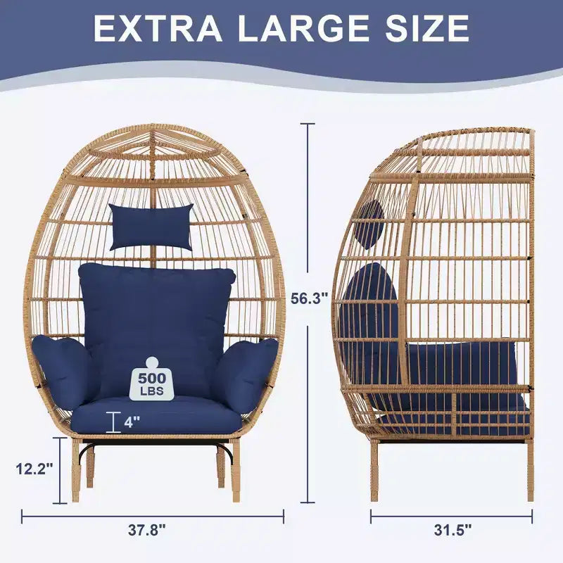 Sedie a uovo in vimini per esterni, Sedia da patio oversize Sedia a sdraio oversize con cuscino per soggiorno, camera da letto, patio e cortile interni